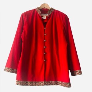Vintage Jessica Howard Red Embroidered Trim Blazer Jacket Women Size 18 Holiday